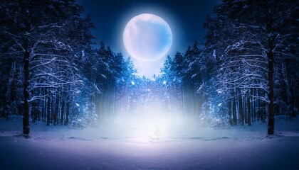 Wall Mural - dark winter forest background at night. snow, fog, moonlight. neon figure in the center