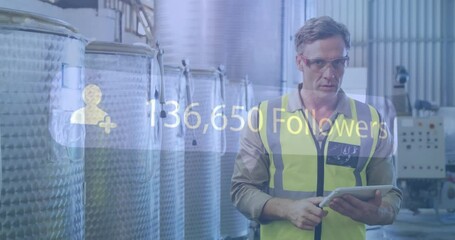 Poster - Animation of followers growing number over caucasian male worker using tablet in factory