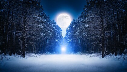 Wall Mural - dark winter forest background at night. snow, fog, moonlight. neon figure in the center