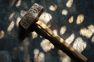 Wall Mural - Wooden Hammer with Intricate Carvings on a Stone Surface