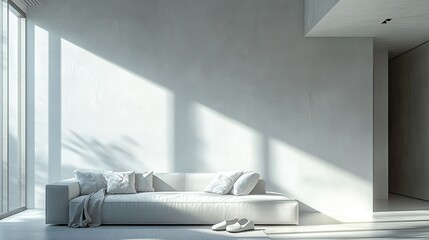 Contemporary white apartment with a minimalist living room, featuring a gray sofa and slippers, sunlight streaming in, open and inviting space