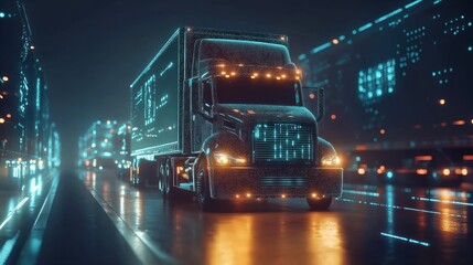 Wall Mural - Futuristic Semi-Truck Driving on a Wet City Street at Night