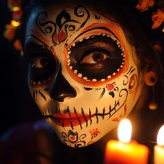 Canvas Print - A woman with traditional Day of the Dead makeup stares intensely at the camera, illuminated by two candles.