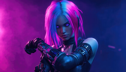 Wall Mural - A young woman with short, pink and blue hair, wearing black gloves and dark , is performing martial arts moves