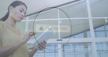 Poster - Animation of likes growing number over biracial businesswoman using tablet