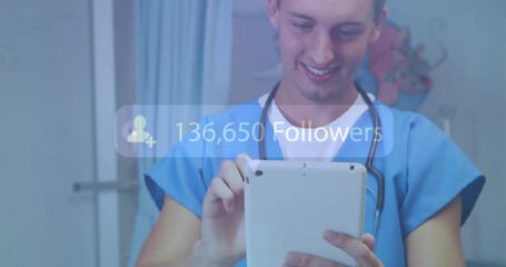 Poster - Animation of followers growing number over caucasian male doctor using tablet