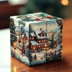 Poster - A wooden cube puzzle with a Christmas scene of a snow-covered house with lights on.