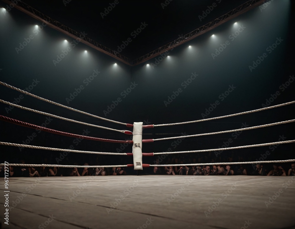 A dimly spotlight corner of a boxing ring surrounded by ropes on a dark ...