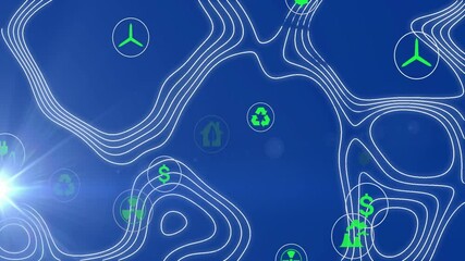 Poster - Animation of ecology icons over white lines on blue background