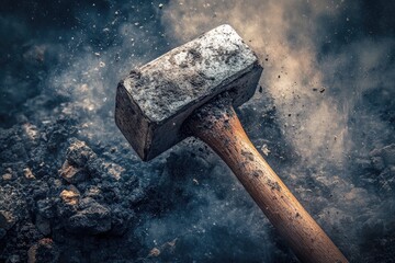 Poster - A Heavy, Worn Hammer Against a Dark Background with Dust and Debris