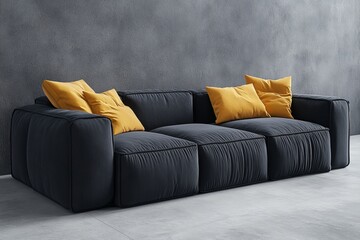 Wall Mural - Modern Three-Seater Sofa with Yellow Pillows Minimalist Living Room Furniture on a Concrete Floor