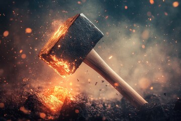 Poster - A Fiery Hammer Striking Blacksmith Anvil with Sparks