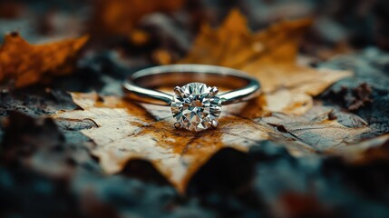 Diamond ring placed on a fallen leaf in a forest setting, natural beauty blending with the elegance of the gemstone