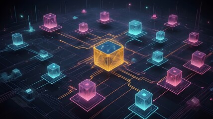 Poster - Abstract Neon Network with Glowing Cubes