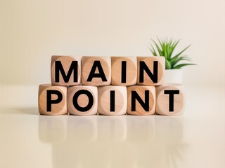 Wooden Blocks Spelling 'Main Point' on Reflective White Desk with Plant