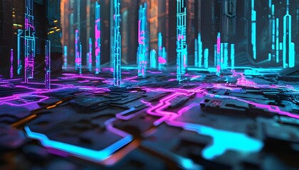 Wall Mural - Defiant Abstract Lock with Glowing Circuit Patterns Amidst a Decaying Cyberpunk Metropolis with Distorted Glitches