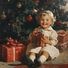 Wall Mural - A young child sits excitedly in front of a Christmas tree, holding a wrapped present.