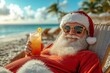 © Dassen - Santa claus enjoys a tropical summer getaway, lounging on the beach in sunglasses with a delicious cocktail