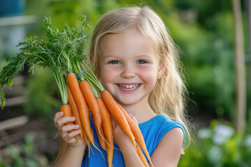 Poster - A happy, blonde-haired girl is holding carrots and other garden vegetables, having fun on the farm with a green field in the background