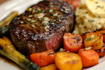 A delicious plate featuring grilled steak and assorted roasted vegetables.