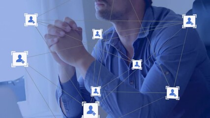 Poster - Animation of network of connections with icons over biracial businessman using vr headset