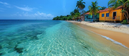 Poster - Tropical Beach Paradise with Clear Waters and Colorful Houses