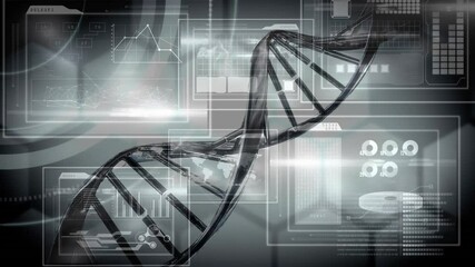 Sticker - Animation of dna strand over data processing on black background