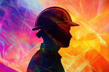 Poster - Silhouette of a Person Wearing a Hard Hat Against a Vibrant Abstract Background