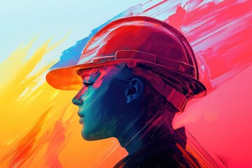 Sticker - Abstract Portrait of a Woman Wearing a Red Hard Hat