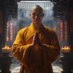 A young monk in a traditional yellow robe stands in a temple, his hands clasped in prayer, with incense burning in the background.