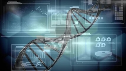 Poster - Animation of dna strand over data processing on blue background