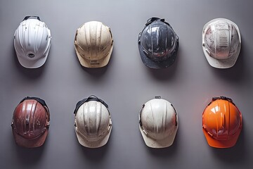 Canvas Print - Collection of Hard Hats Displayed on a Gray Wall