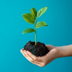 Poster - A young plant with green leaves growing from soil in a hand against a bright blue background.