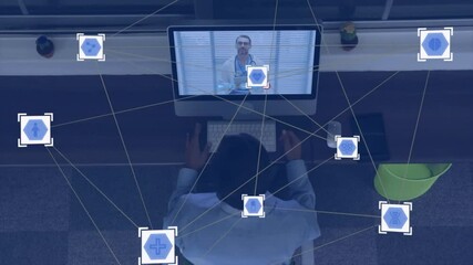 Poster - Animation of network of connections with icons over biracial businessman having video call