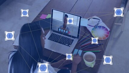 Poster - Animation of network of connections with icons over biracial businesswoman having video call