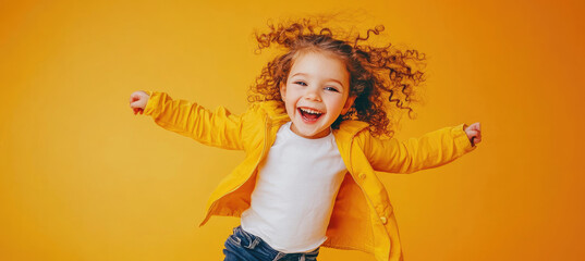 Canvas Print - A cheerful little girl with curly hair, wearing a white T-shirt and yellow jacket, jumping against an orange background