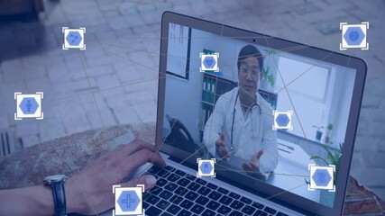 Poster - Animation of network of connections with icons over caucasian man using laptop for video call