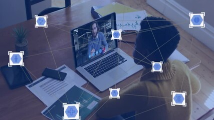 Poster - Animation of network of connections over african american businesswoman having video call