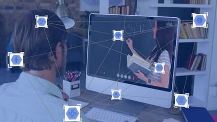 Poster - Animation of network of connections with icons over caucasian businessman having video call