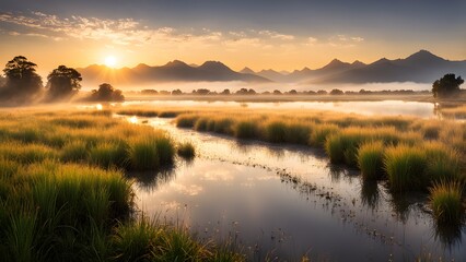 Wall Mural - A beautiful landscape with a river and mountains in the background