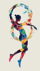 Sticker - Abstract colorful silhouette of a woman in mid-air,  leaping and twirling with energy and freedom.  She is surrounded by swirling watercolor-like circles 