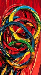 Wall Mural - Abstract design of colorful rings with a red and yellow background.