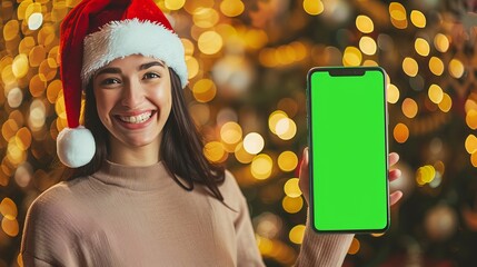 happy Christmas girl in Santa hat holding smartphone with green chroma key screen in hands on festive Christmas tree background, new year sale promotions, app advertisements and holiday discounts