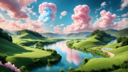 Wall Mural - A beautiful landscape with a river running through it