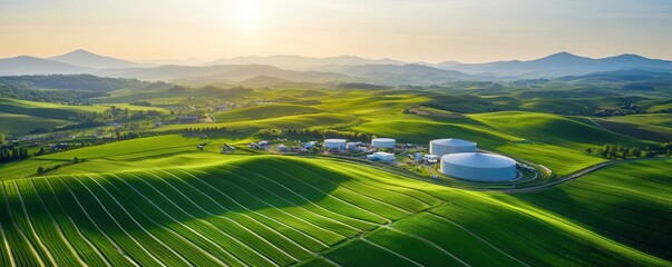 Eco-industrial park nestled in rolling hills, blending modern industry with the countryside