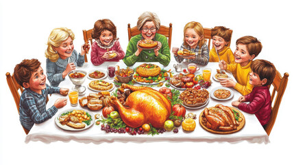 A modern Thanksgiving poster with a multigenerational family at a food-filled table, vibrant colors, festive design, isolated on white background