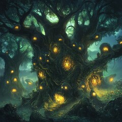 Wall Mural - An ancient tree with glowing orbs, nestled amongst a forest.