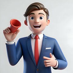 Poster - A friendly 3D cartoon businessman makes an announcement with a megaphone.