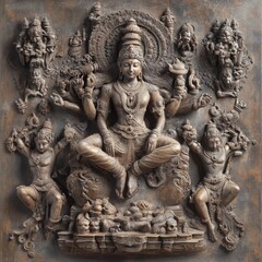 Canvas Print - An intricate relief sculpture depicting a Hindu deity with multiple arms, surrounded by other figures, set against a textured backdrop.