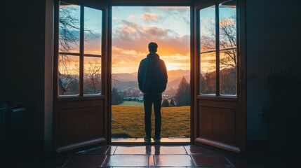 A man stands in front of a door looking out at the sunset